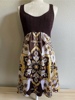 BEBE Silk Knit Vintage Y2K Babydoll Yellow Brown Print Mini Dress Size Small